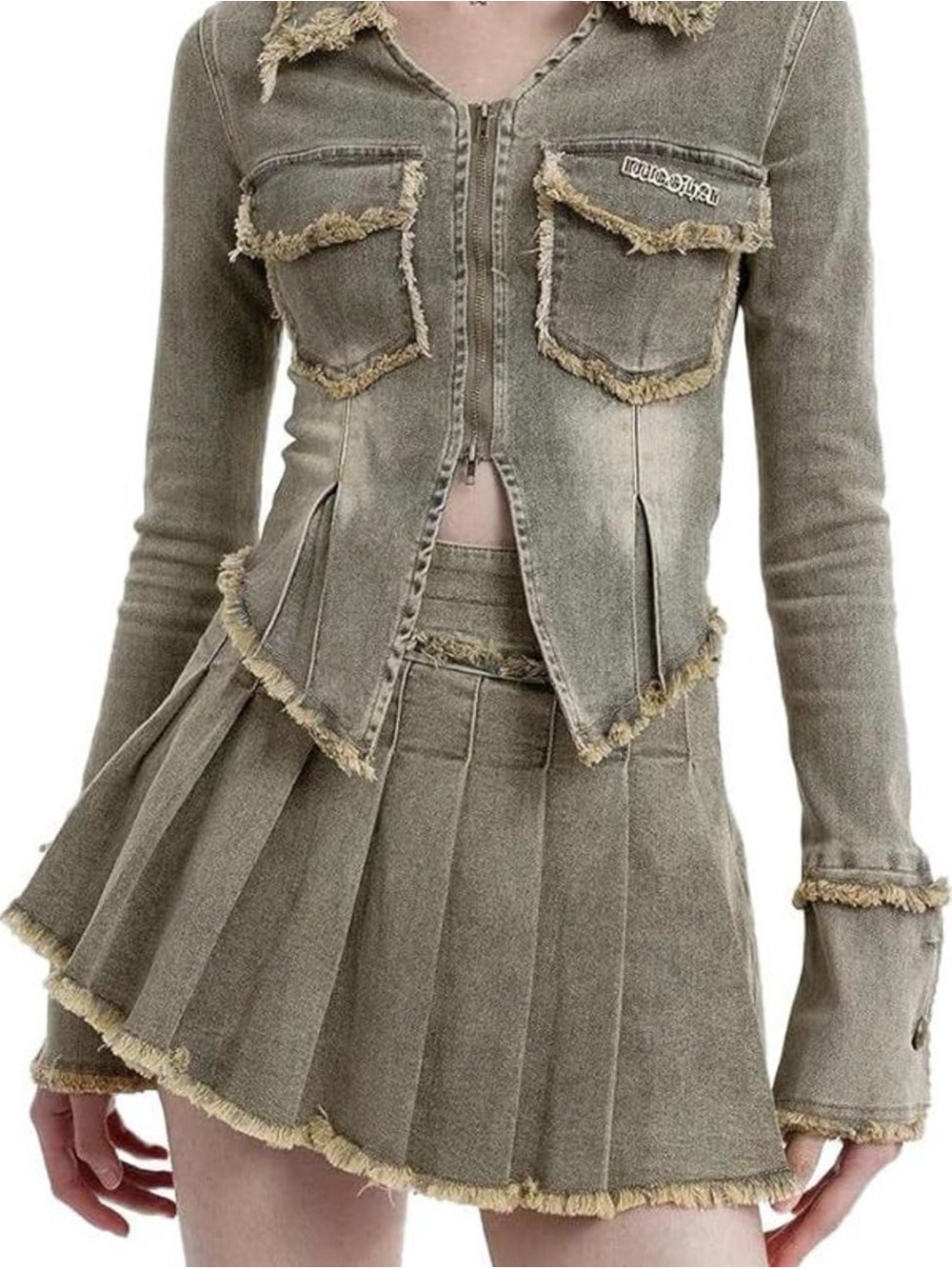 Aelfric Eden Olive Green Frayed Denim Skirt Set